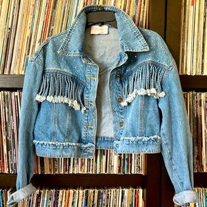 Cropped Denim Jacket Fringe Rhinestones